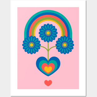 UNDER THE RAINBOW Folk Art Mid-Century Modern Scandi Floral With Flowers and Hearts on Pink - UnBlink Studio by Jackie Tahara Posters and Art